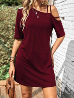 Asymmetrical Neck Half Sleeve Mini Dress Burgundy for a perfect OOTD – dress to impress outfits from Amexza