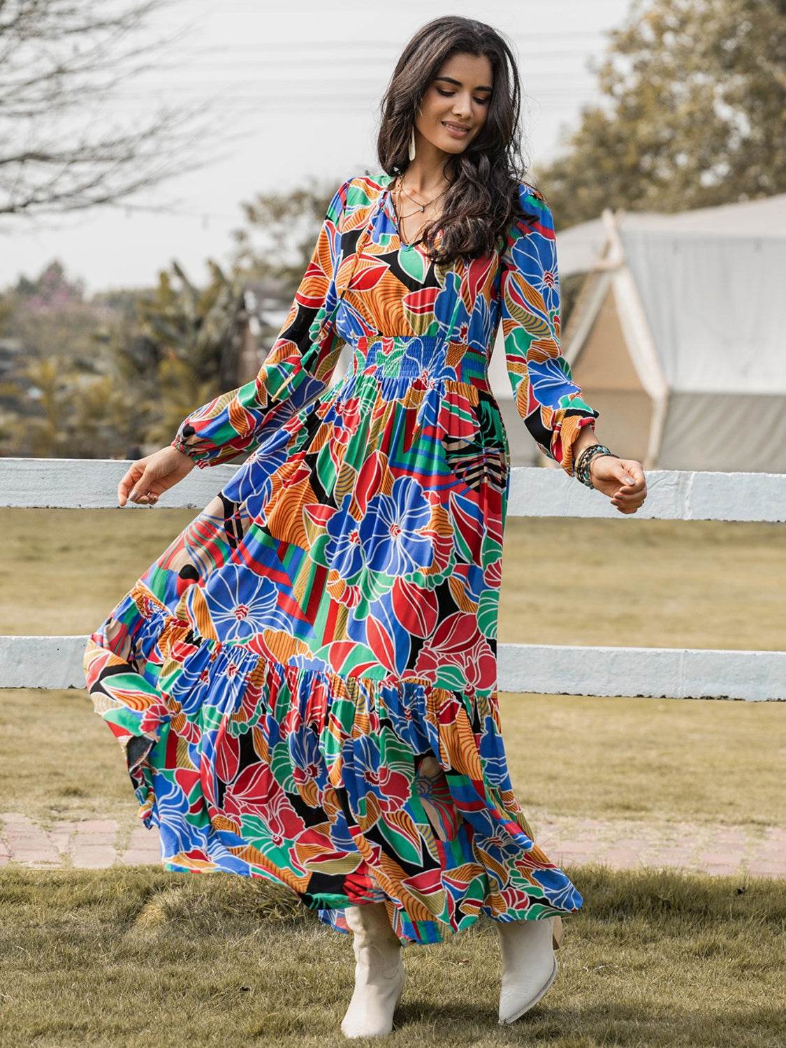 Printed Smocked Tie Neck Balloon Sleeve Maxi Dress for a perfect OOTD – dress to impress outfits from Amexza