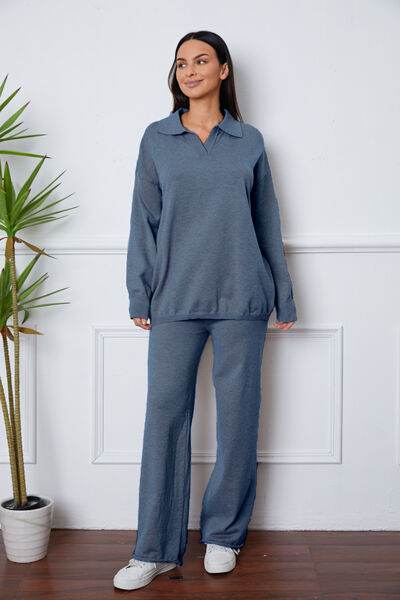 Dropped Shoulder Sweater and Long Pants Set French Blue One Size for a perfect OOTD – dress to impress outfits from Amexza