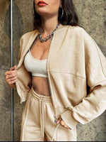 Baseball Collar Zip Up Top and Drawstring Paants Set for a perfect OOTD – dress to impress outfits from Amexza