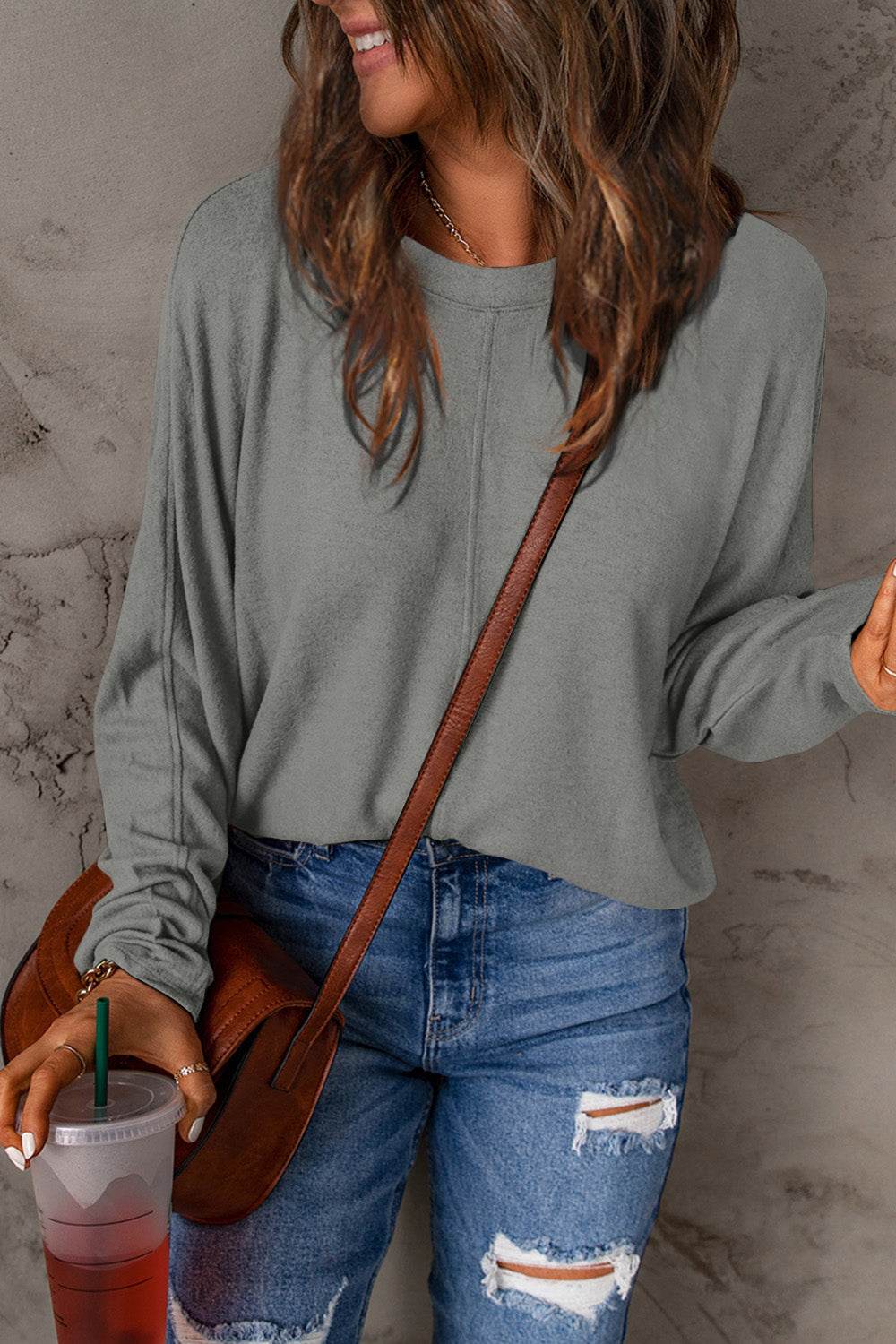 Double Take Full Size Round Neck Long Sleeve T-Shirt Heather Gray for a perfect OOTD – dress to impress outfits from Amexza