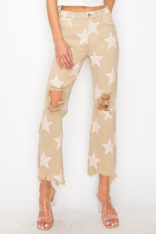 RISEN Full Size High Rise Star Printed Frayed Hem Jeans - Khaki / 0(24)