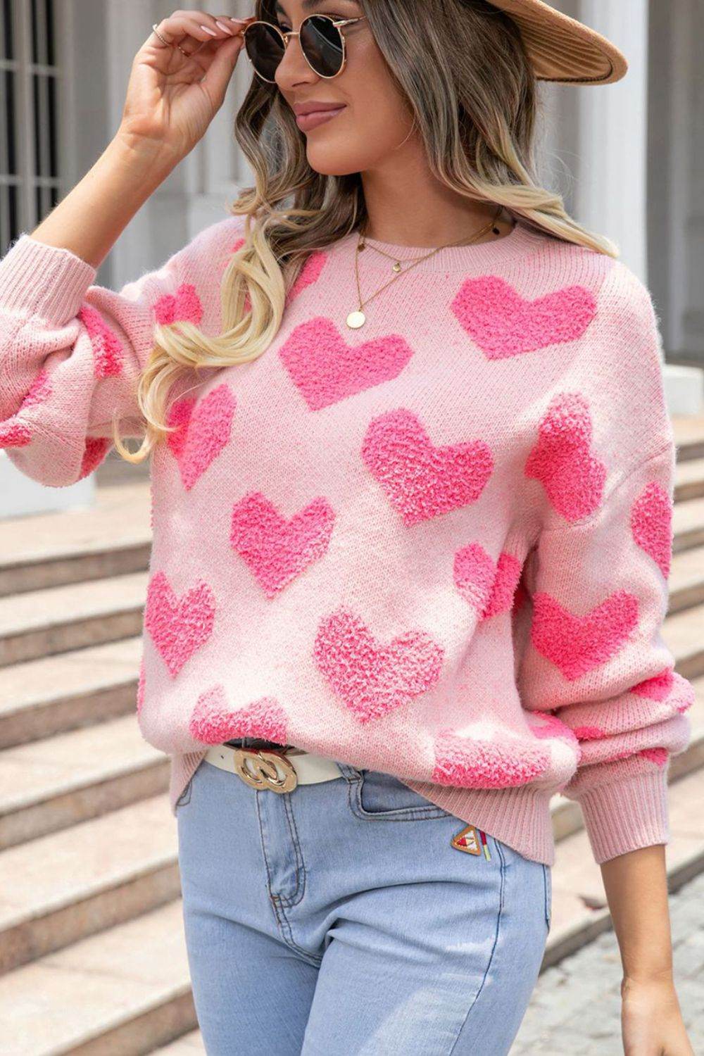 Valentine's Day Heart Jacquard Round Neck Sweater Blush Pink for a perfect OOTD – dress to impress outfits from Amexza