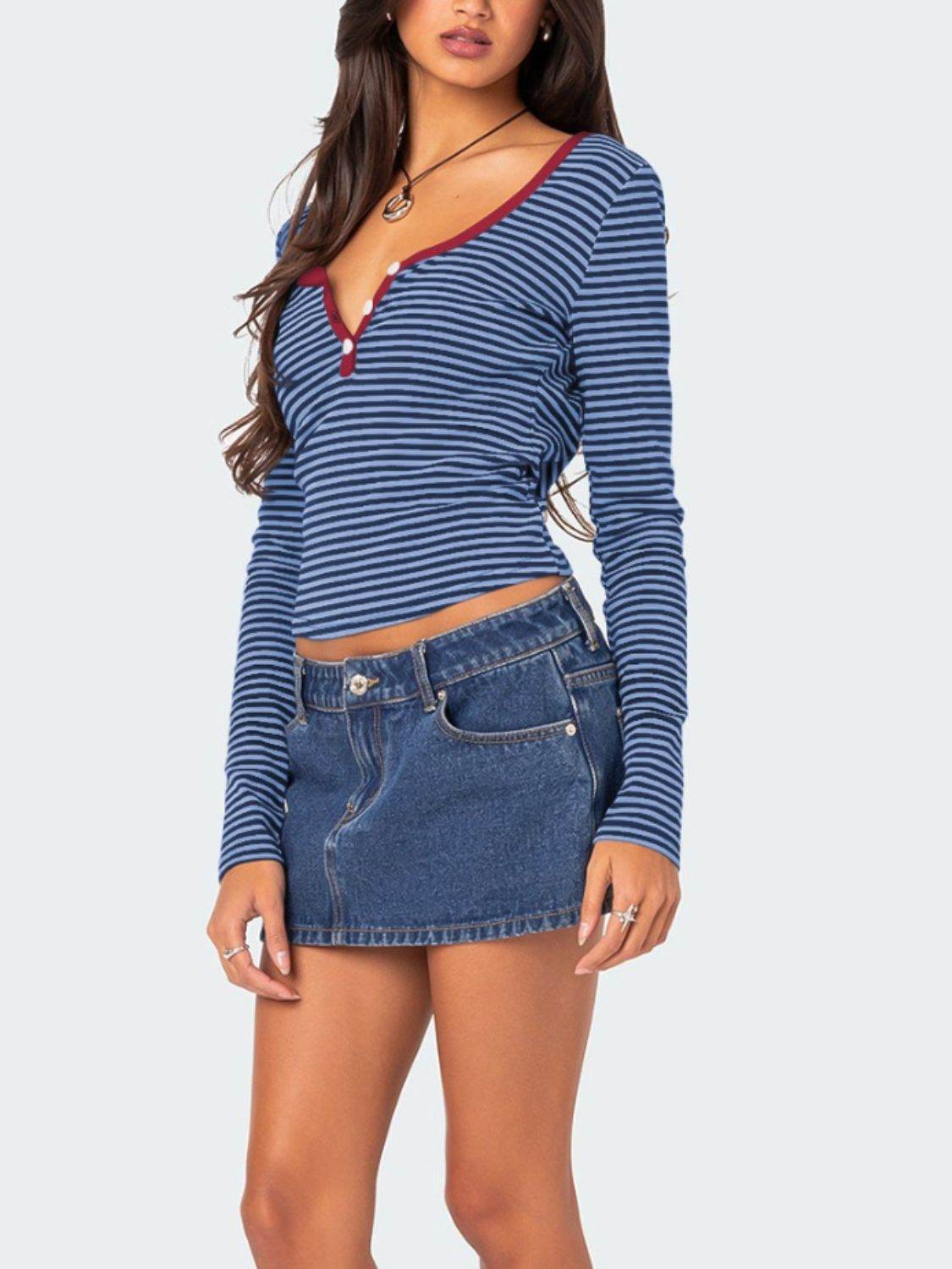 Buttoned Striped Long Sleeve T-Shirt for a perfect OOTD – dress to impress outfits from Amexza