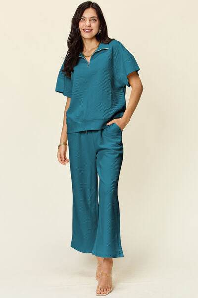 Double Take Full Size Texture Half Zip Short Sleeve Top and Pants Set Teal for a perfect OOTD – dress to impress outfits from Amexza