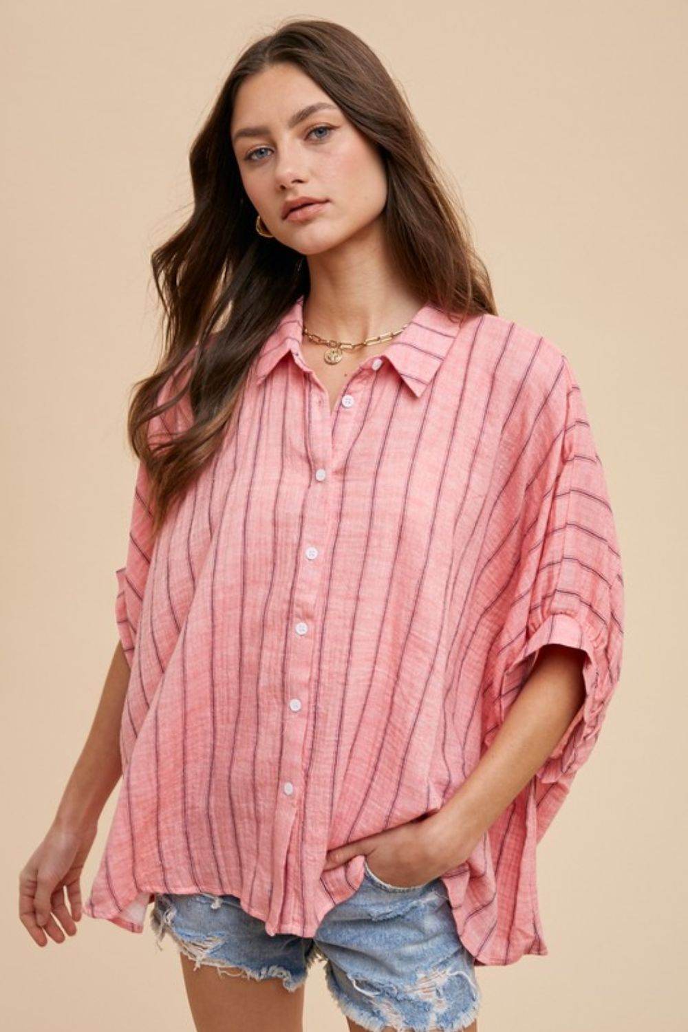 Annie Wear Striped Button Up Half Sleeve Shirt Coral Pink for a perfect OOTD – dress to impress outfits from Amexza