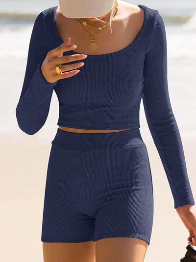 Scoop Neck Long Sleeve Top and Shorts Set - Amexza