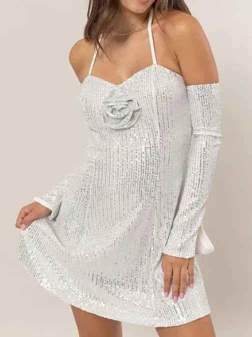HYFVE Sequin Rosette Halter Mini Dress SILVER for a perfect OOTD – dress to impress outfits from Amexza