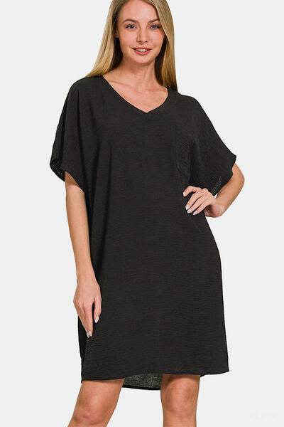 Zenana V-Neck Tee Dress with Pockets - Amexza