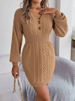 Buttoned Cable-Knit V-Neck Sweater Dress Khaki for a perfect OOTD – dress to impress outfits from Amexza