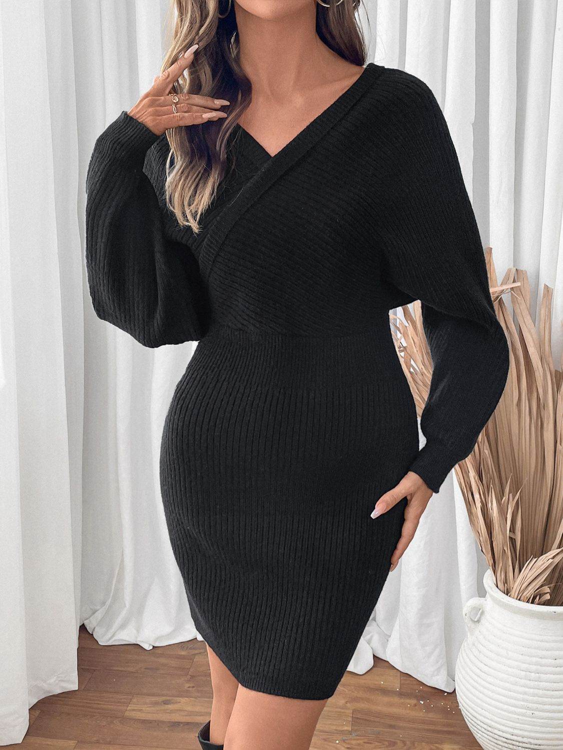 Perfee Surplice Long Sleeve Sweater Dress Black for a perfect OOTD – dress to impress outfits from Amexza