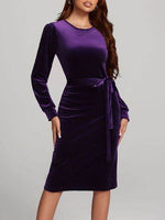 Round Neck Tie Waist Long Sleeve Velvet Dress for a perfect OOTD – dress to impress outfits from Amexza
