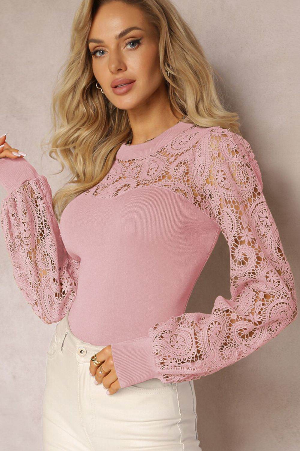 Lace Patchwork Round Neck Long Sleeve Blouse Blush Pink for a perfect OOTD – dress to impress outfits from Amexza