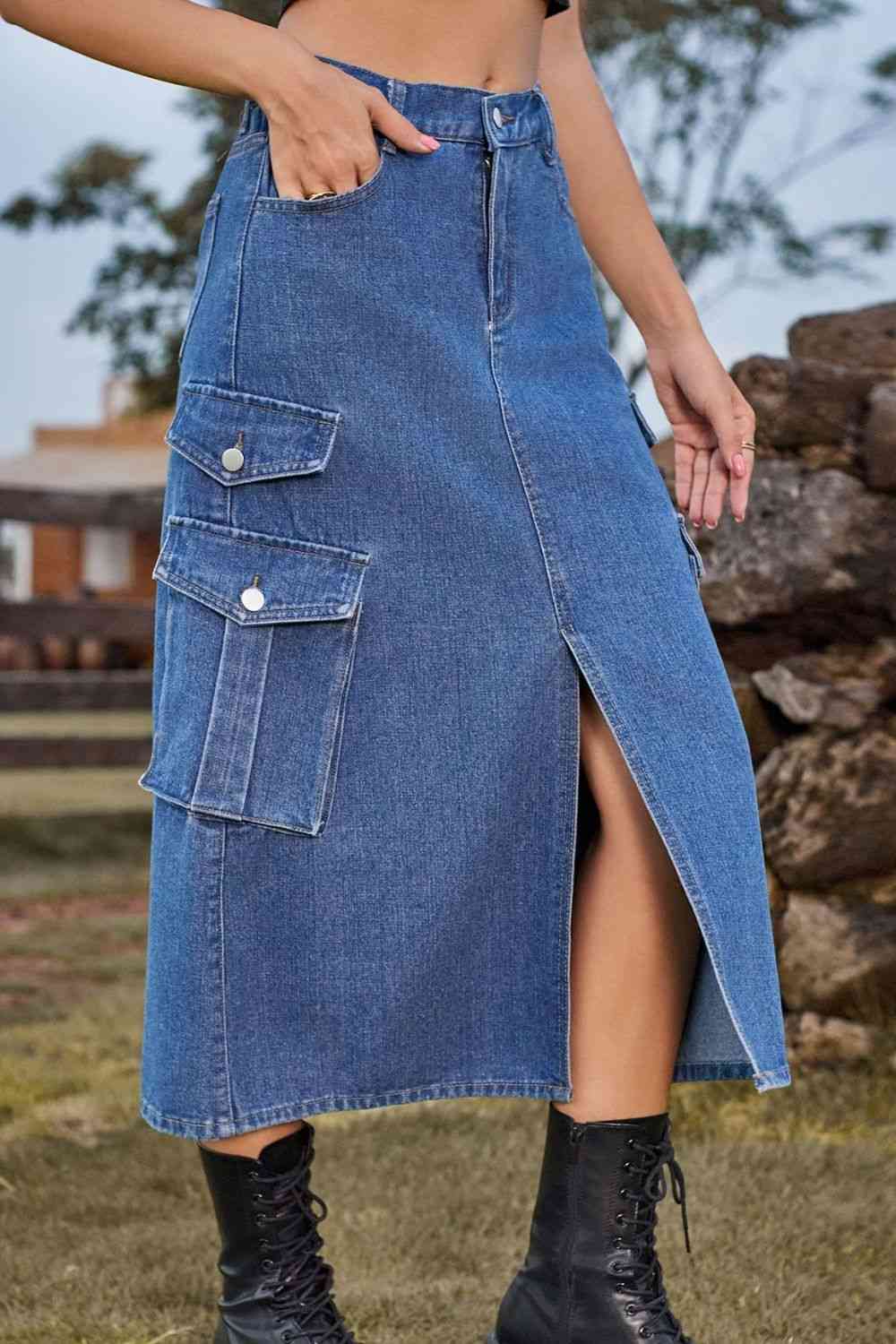 Slit Front Midi Denim Skirt with Pockets for a perfect OOTD – dress to impress outfits from Amexza