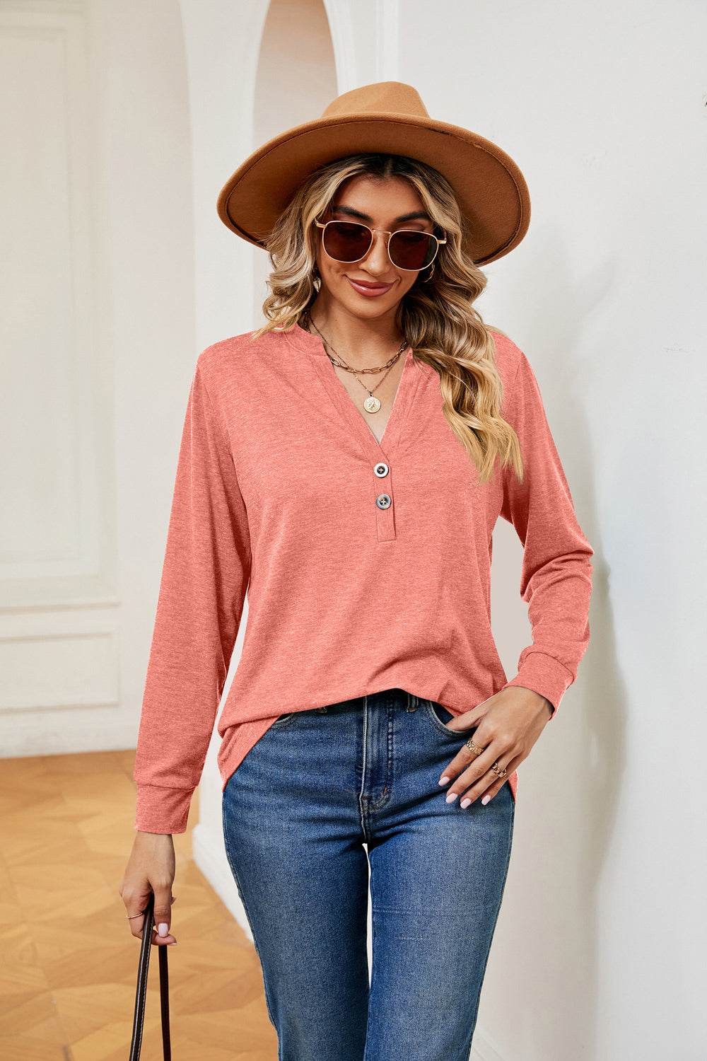 Buttoned Notched Neck Long Sleeve Top Coral for a perfect OOTD – dress to impress outfits from Amexza