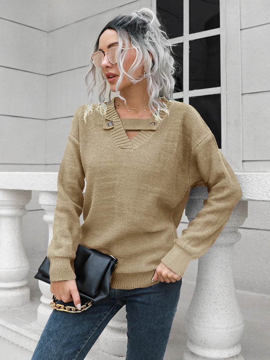 Dropped Shoulder Button Detail Sweater Khaki for a perfect OOTD – dress to impress outfits from Amexza