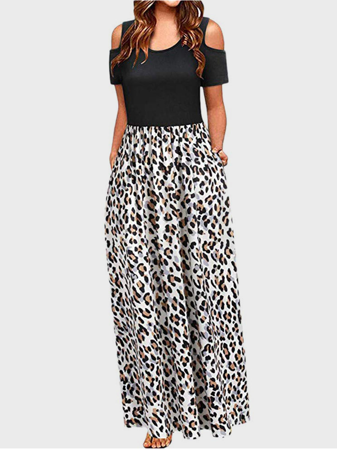 Leopard Round Neck Cold Shoulder Dress - Leopard / S