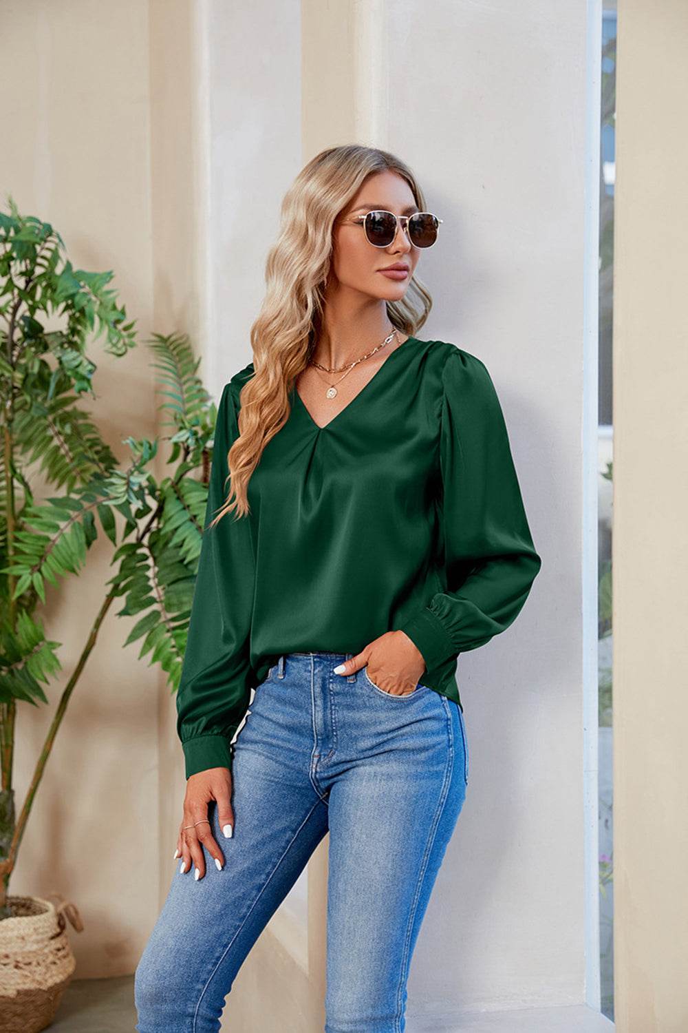 V-Neck Long Sleeve Top - Amexza