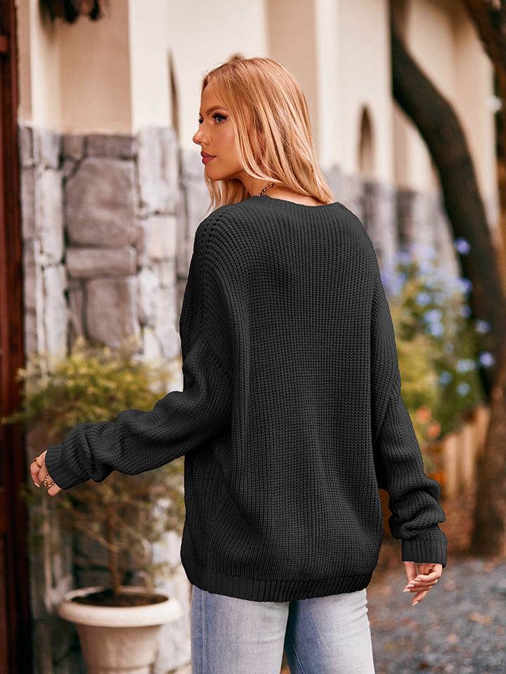 Waffle-Knit Long Sleeve Sweater - Amexza