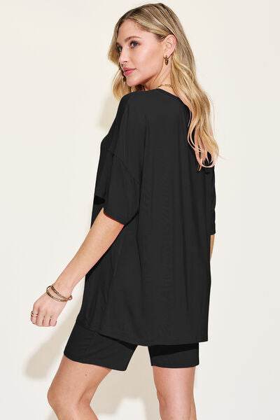 Basic Bae Bamboo Full Size V-Neck Drop Shoulder T-Shirt and Shorts Set for a perfect OOTD – dress to impress outfits from Amexza