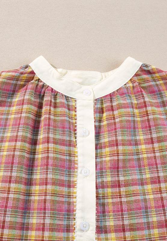 Mulit-Color Plaid Round Neck Long Sleeve Blouse for a perfect OOTD – dress to impress outfits from Amexza