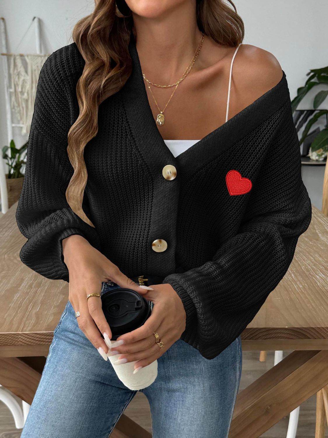 Heart Button Down V-Neck Long Sleeve Cardigan - Amexza