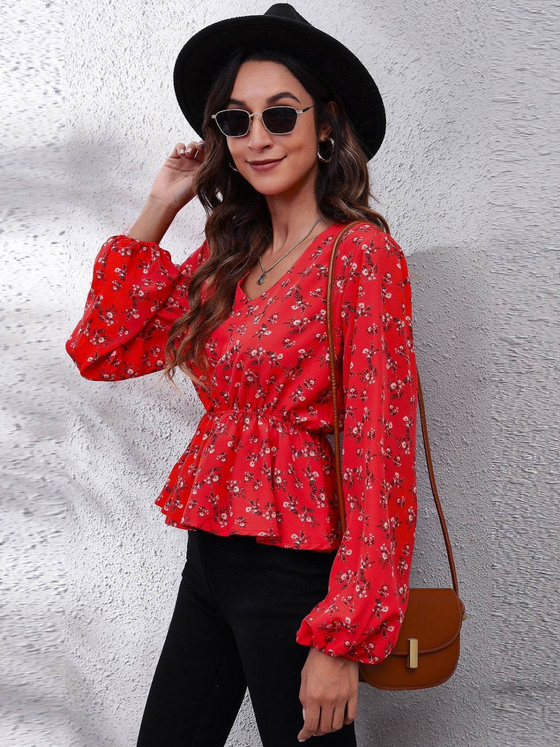 Floral V-Neck Balloon Sleeve Peplum Blouse - Amexza