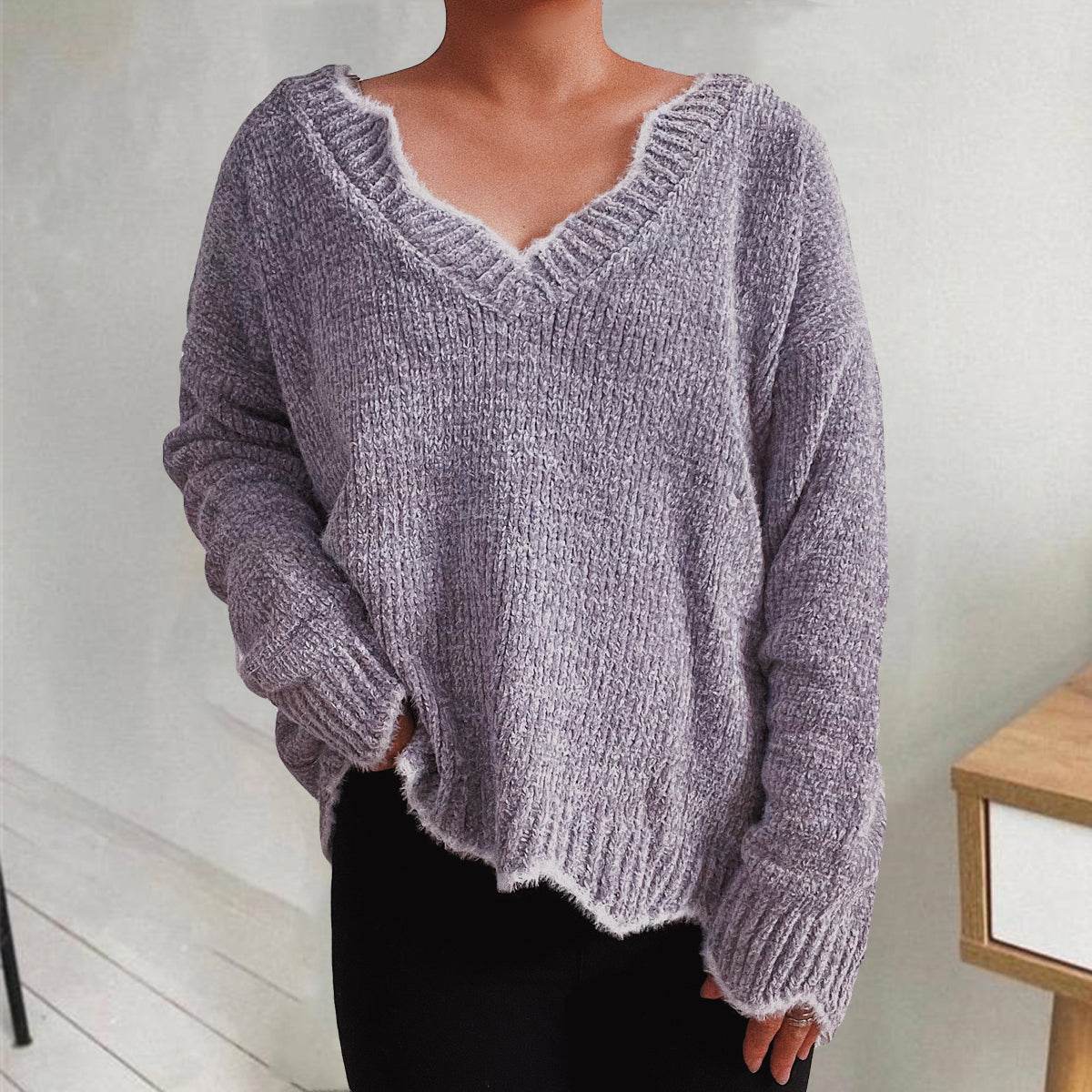 V-Neck Drop Shoulder Long Sleeve Sweater Lavender for a perfect OOTD – dress to impress outfits from Amexza