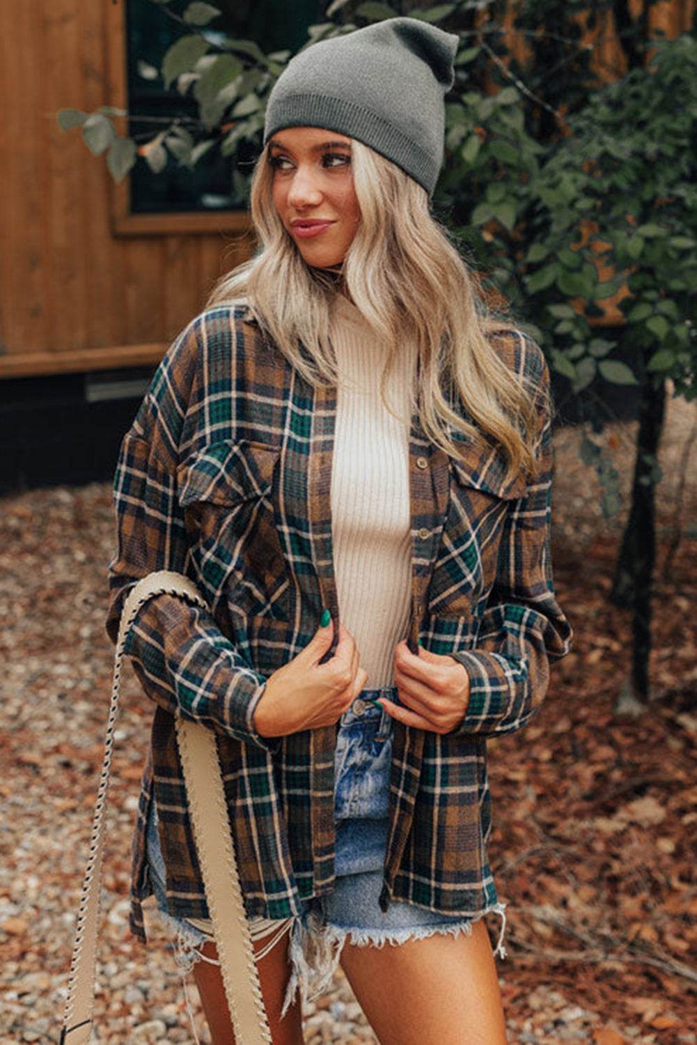 Plaid Collared Neck Button Up Jacket for a perfect OOTD – dress to impress outfits from Amexza