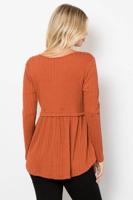 Be Stage Full Size Texture Babydoll Round Neck Long Sleeve Knit Top for a perfect OOTD – dress to impress outfits from Amexza