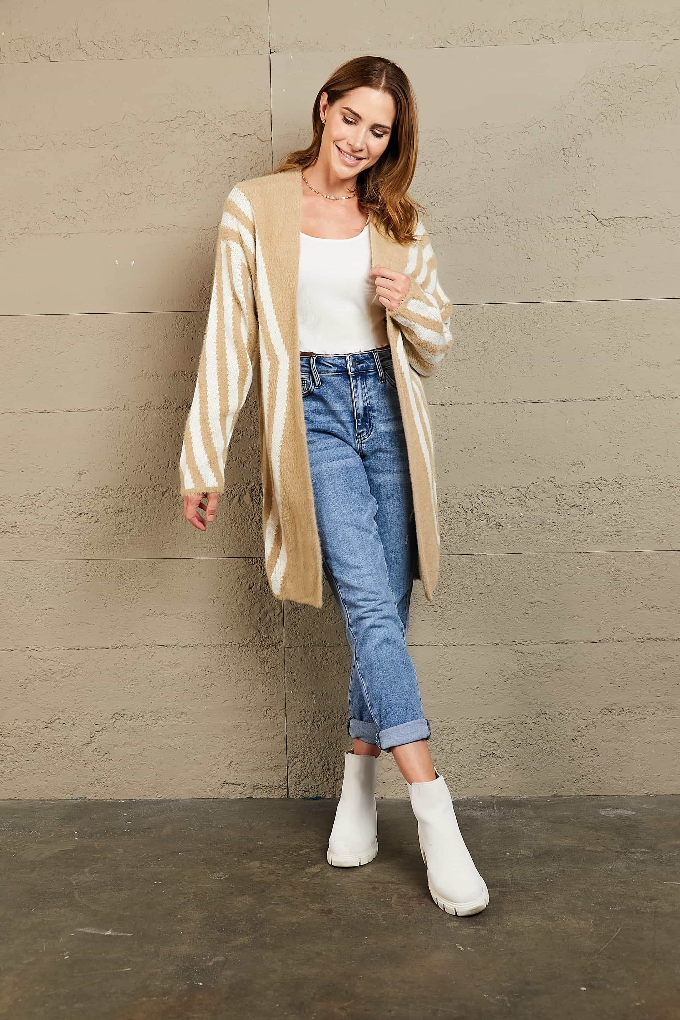 Woven Right Two-Tone Open Front Fuzzy Longline Cardigan for a perfect OOTD – dress to impress outfits from Amexza