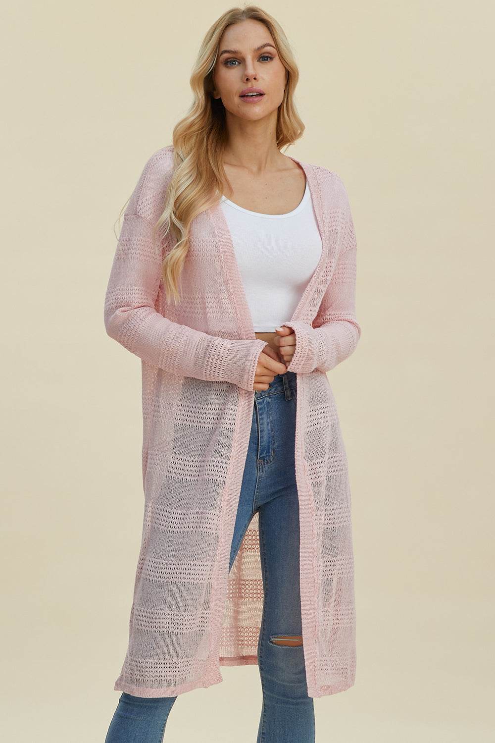 Double Take Full Size Open Front Longline Cardigan Blush Pink for a perfect OOTD – dress to impress outfits from Amexza