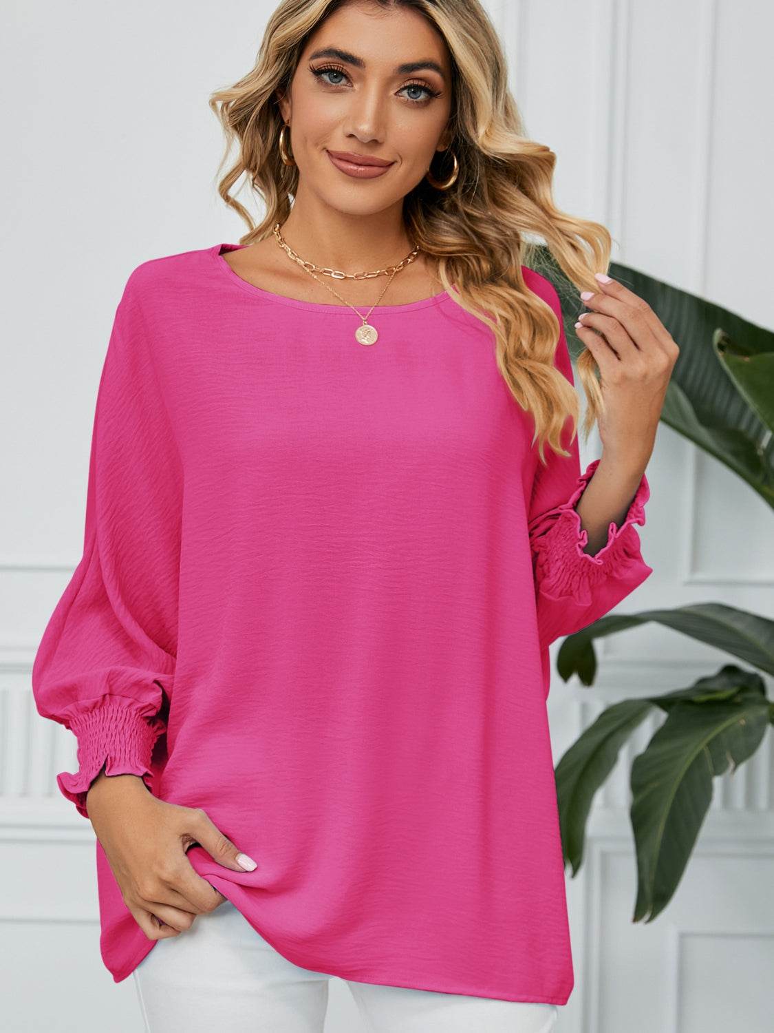 Smocked Lantern Sleeve Round Neck Blouse Hot Pink for a perfect OOTD – dress to impress outfits from Amexza