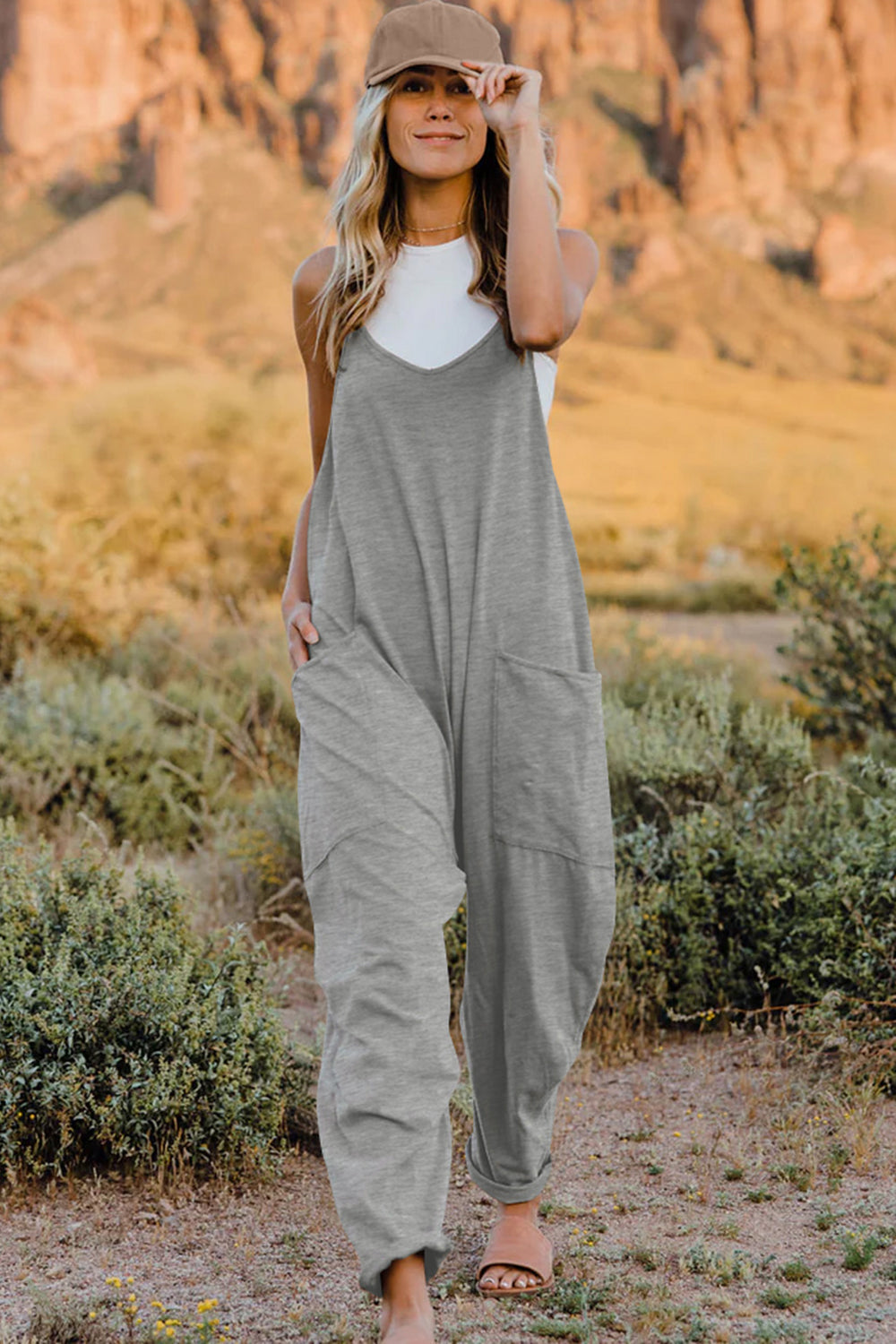 Double Take Full Size V-Neck Sleeveless Jumpsuit with Pockets Light Gray for a perfect OOTD – dress to impress outfits from Amexza