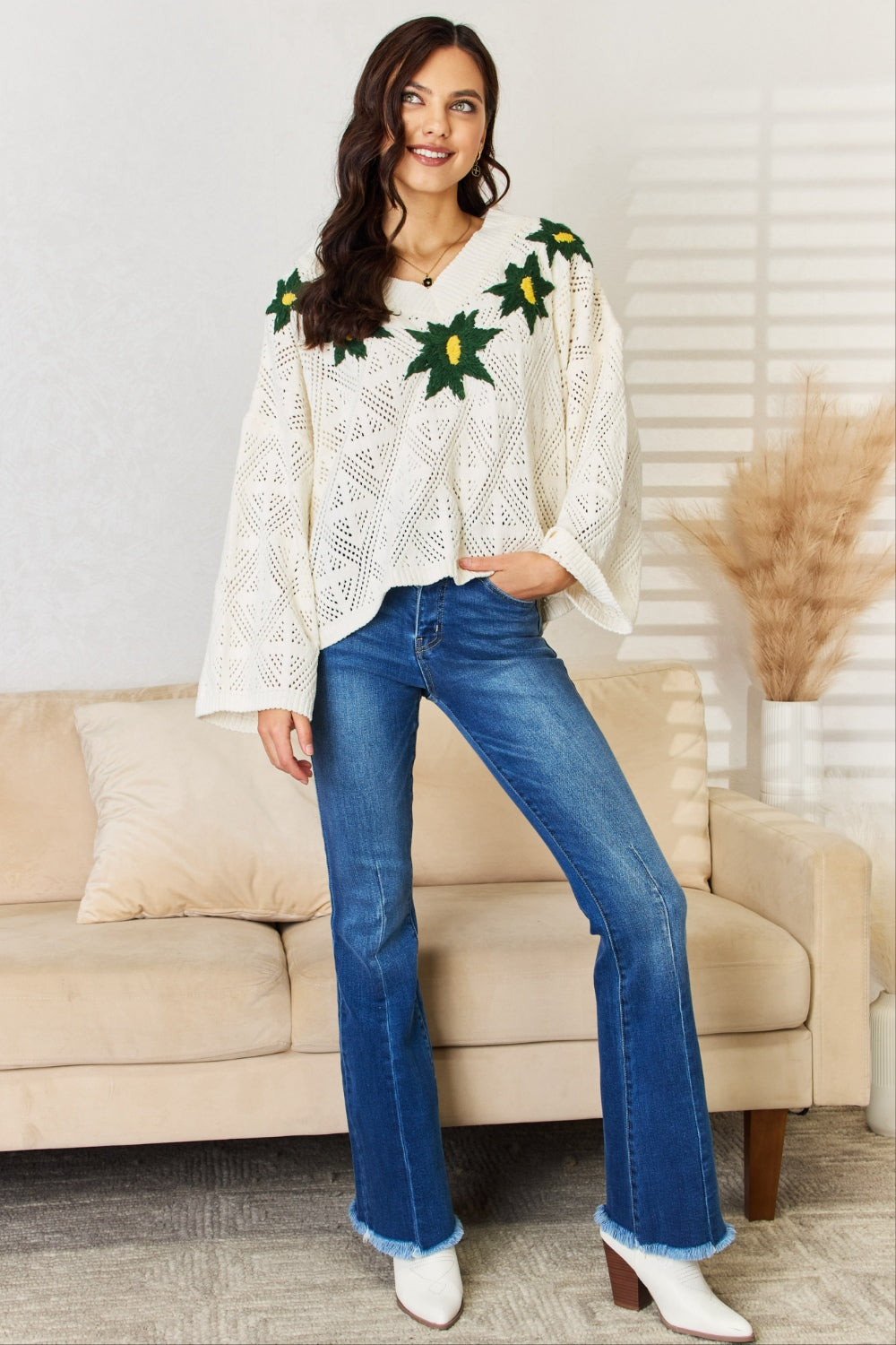 POL Floral Embroidered Pattern V-Neck Sweater