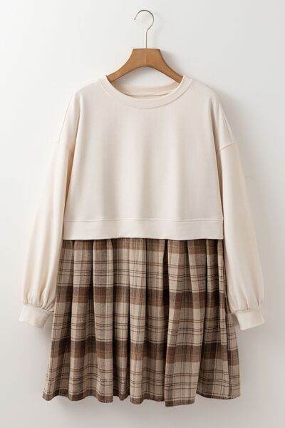 Plaid Round Neck Long Sleeve Mini Dress for a perfect OOTD – dress to impress outfits from Amexza