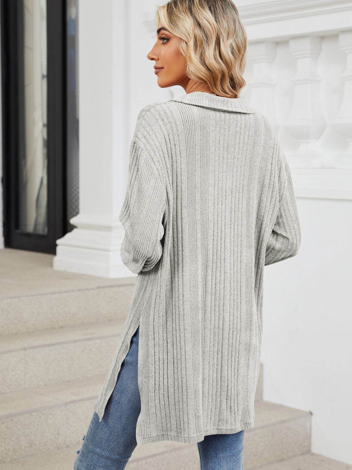 Slit Johnny Collar Long Sleeve T-Shirt for a perfect OOTD – dress to impress outfits from Amexza