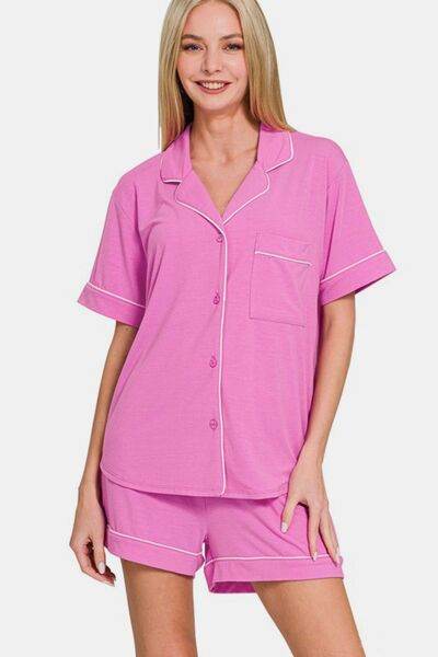 Zenana Button Down Short Sleeve Top and Shorts Lounge Set BRIGHT MAUVE for a perfect OOTD – dress to impress outfits from Amexza