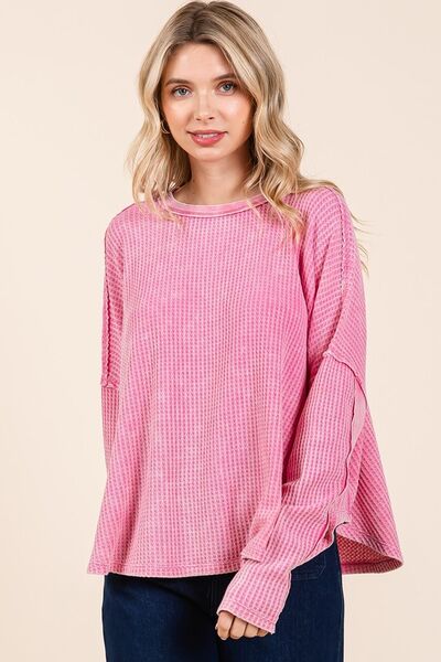 Mittoshop Waffle-Knit Exposed Seam Round Neck Top for a perfect OOTD – dress to impress outfits from Amexza