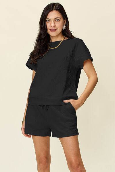 Double Take Full Size Texture Short Sleeve T-Shirt and Drawstring Shorts Set Black for a perfect OOTD – dress to impress outfits from Amexza