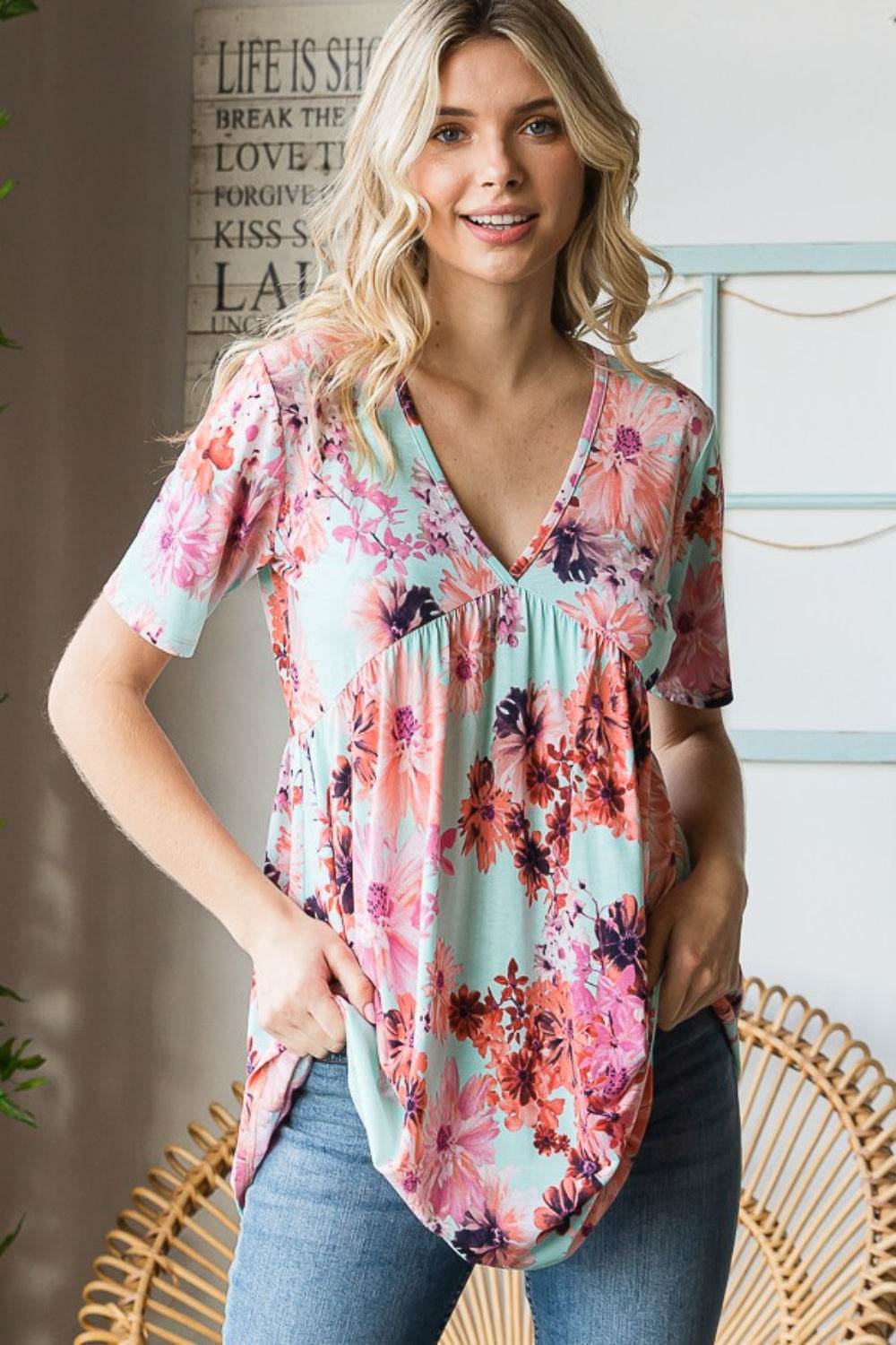 Heimish Full Size Floral V-Neck Short Sleeve Babydoll Blouse for a perfect OOTD – dress to impress outfits from Amexza