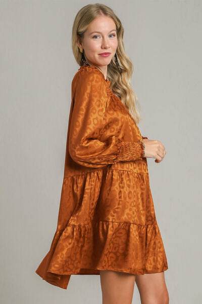 Umgee Smocked Leopard Long Sleeve Tiered Dress for a perfect OOTD – dress to impress outfits from Amexza