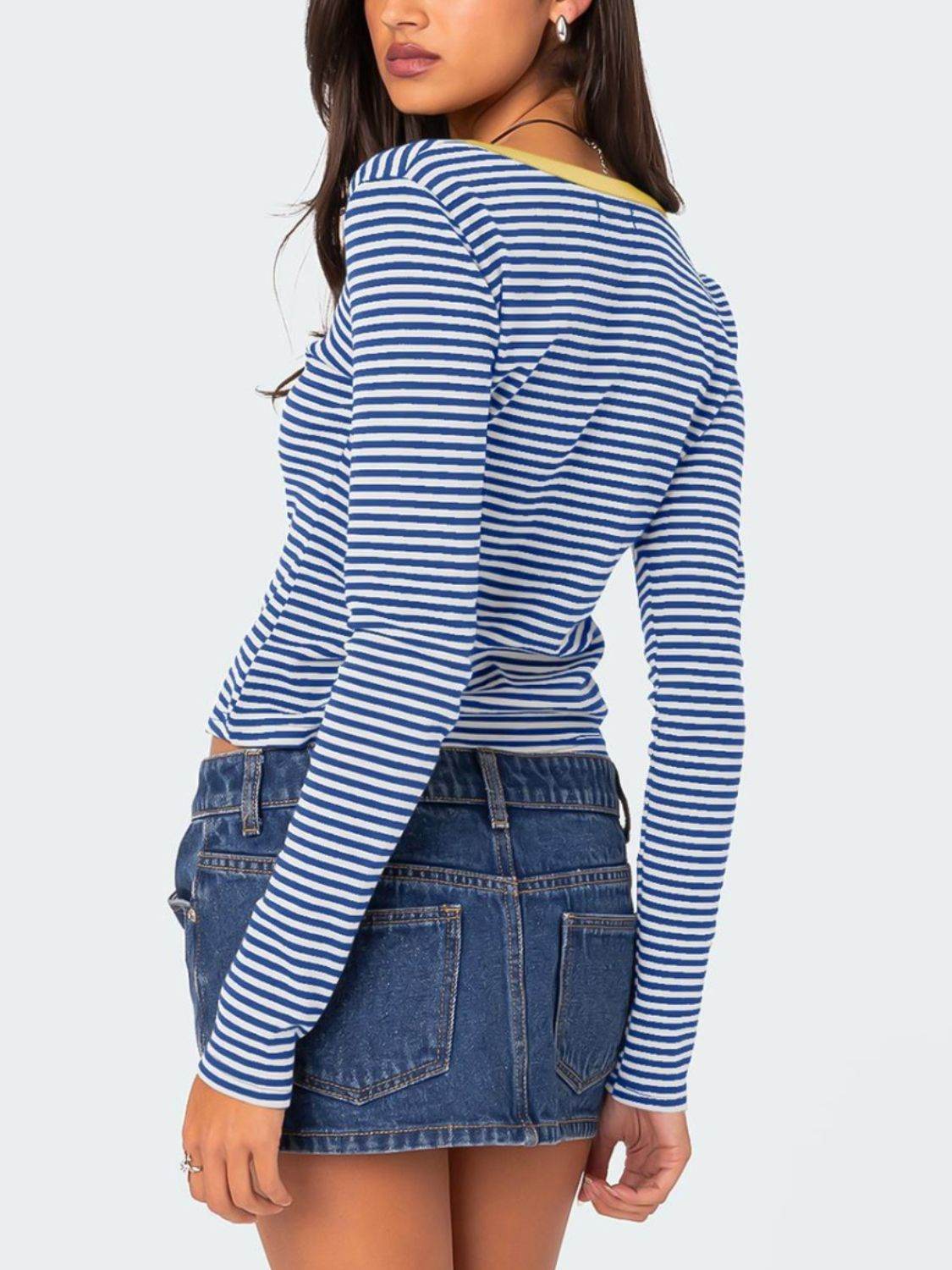 Buttoned Striped Long Sleeve T-Shirt for a perfect OOTD – dress to impress outfits from Amexza