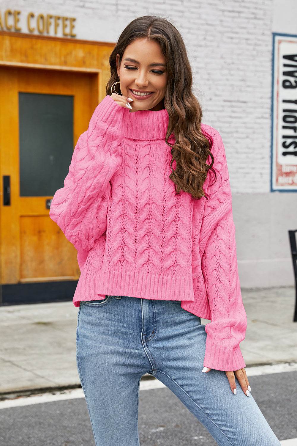 Turtleneck Cable-Knit Long Sleeve Sweater Hot Pink for a perfect OOTD – dress to impress outfits from Amexza