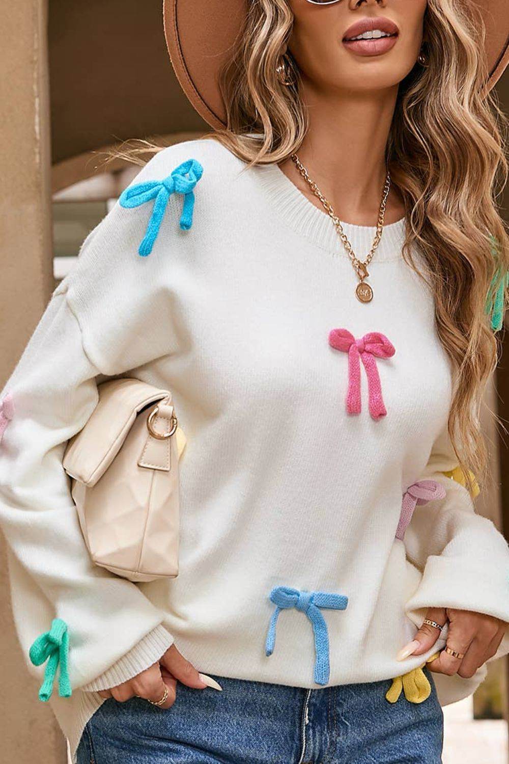 Contrast Bow Round Neck Dropped Shoulder Sweater for a perfect OOTD – dress to impress outfits from Amexza