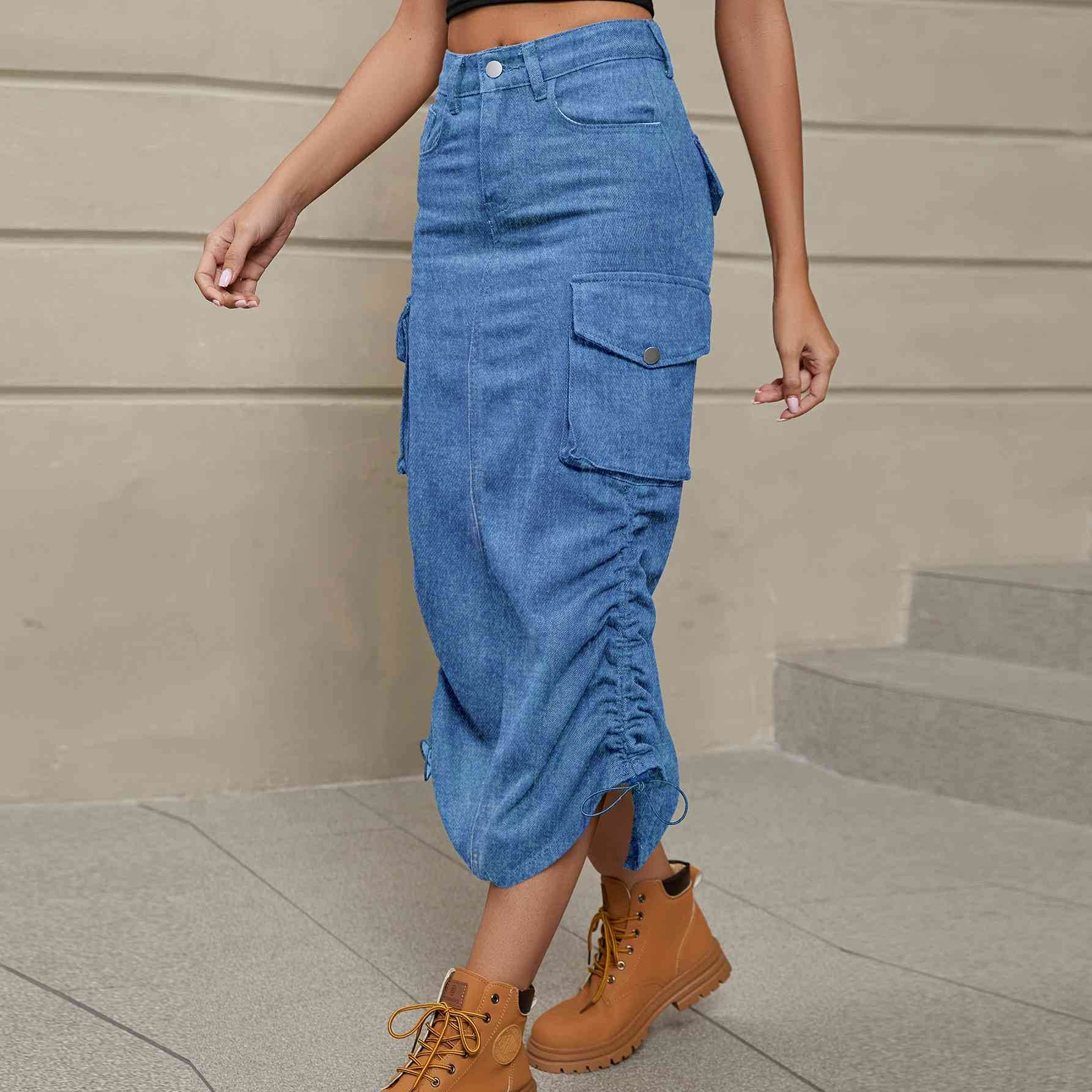 Drawstring Ruched Slit Denim Midi Skirt for a perfect OOTD – dress to impress outfits from Amexza