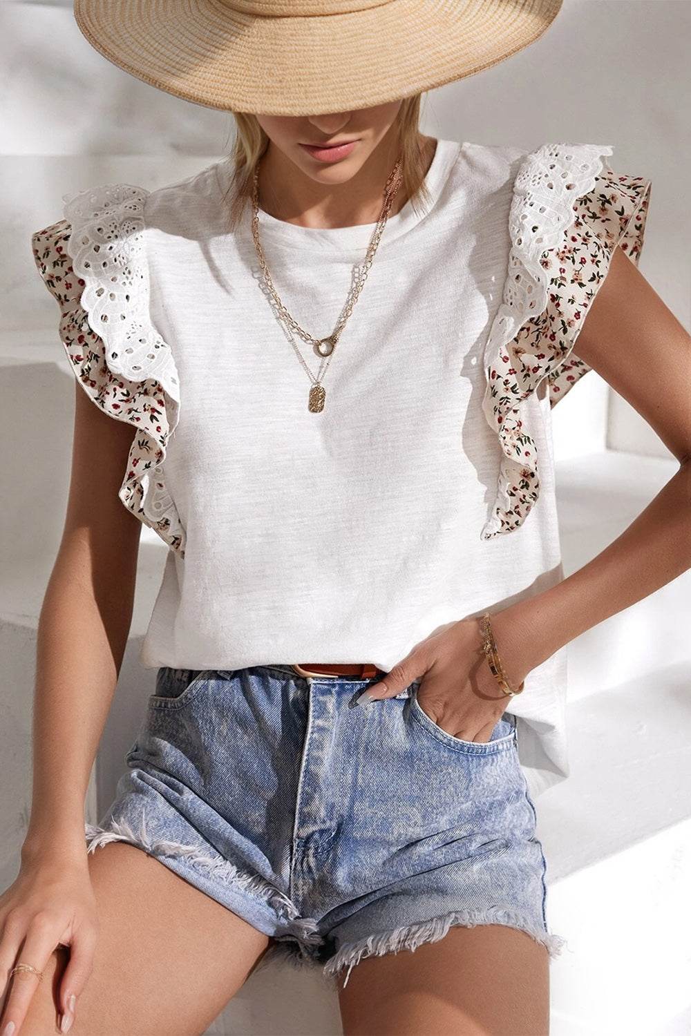 Oh Full Size Ruffled Round Neck Cap Sleeve Top - Amexza