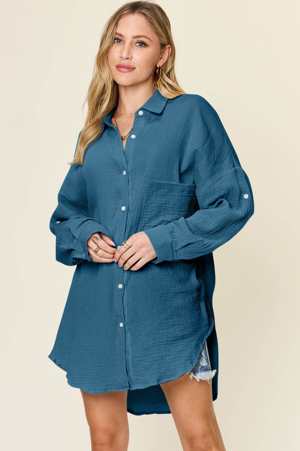 Double Take Full Size Pocketed Texture Button Up Shirt Dark Blue for a perfect OOTD – dress to impress outfits from Amexza