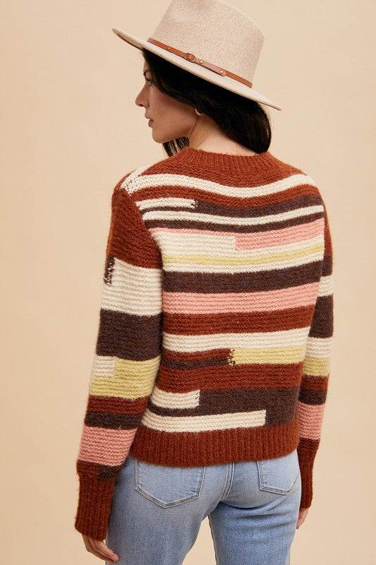 Annie Wear Color Block Round Neck Long Sleeve Sweater - Amexza