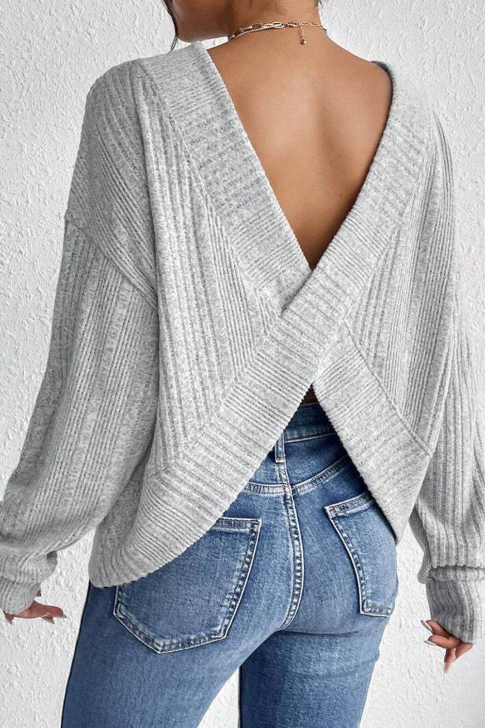 Crossover Backless Long Sleeve Knit Top - Amexza